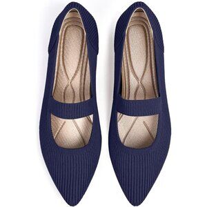 Women's Navy Knit Closed Pointed Toe Comfortable Washable Ballet Flats Shoes